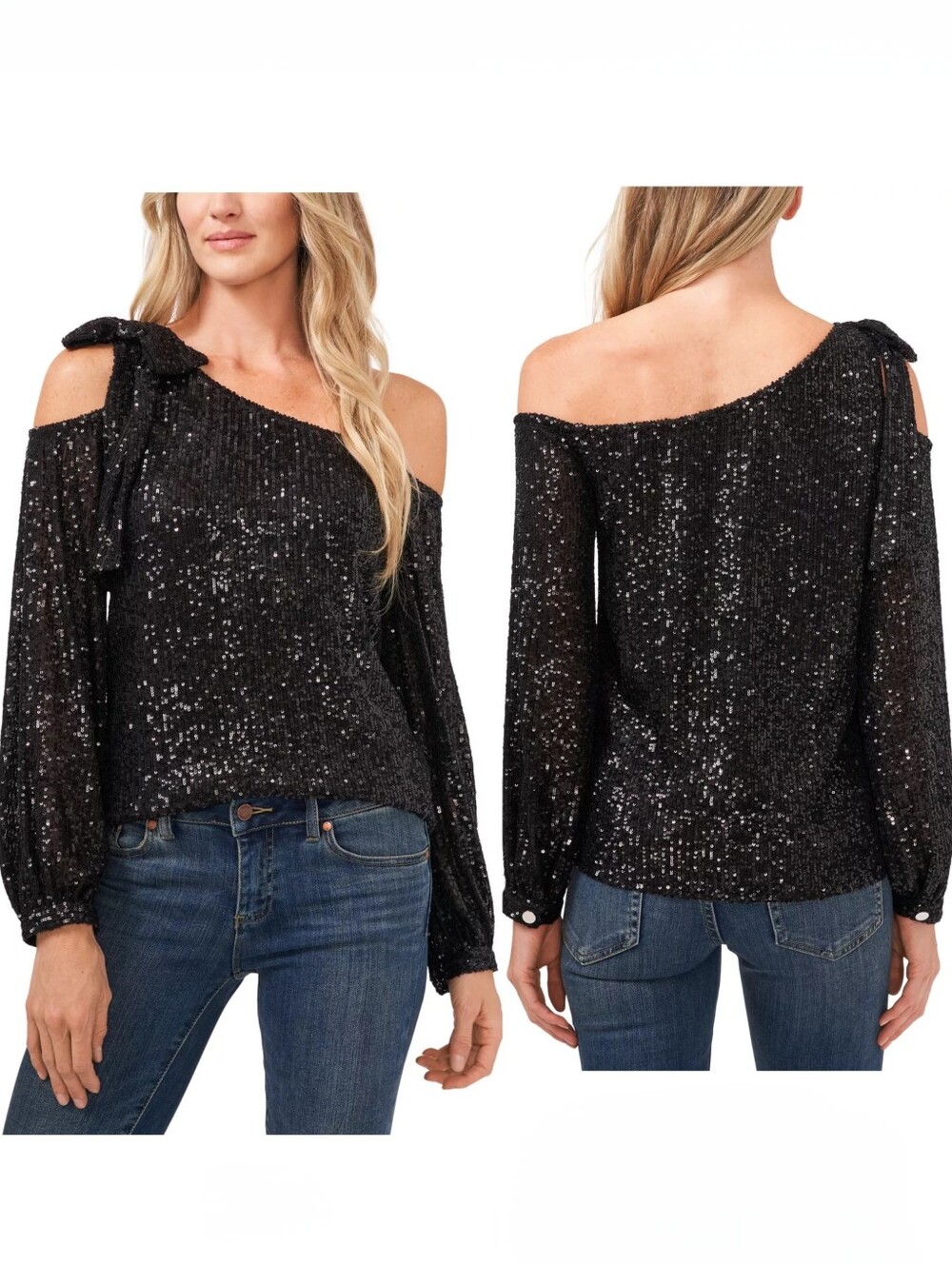 CeCe Long Sleeve Off The Shoulder Asymmetrical Neck Sequin Top Size Small NWT